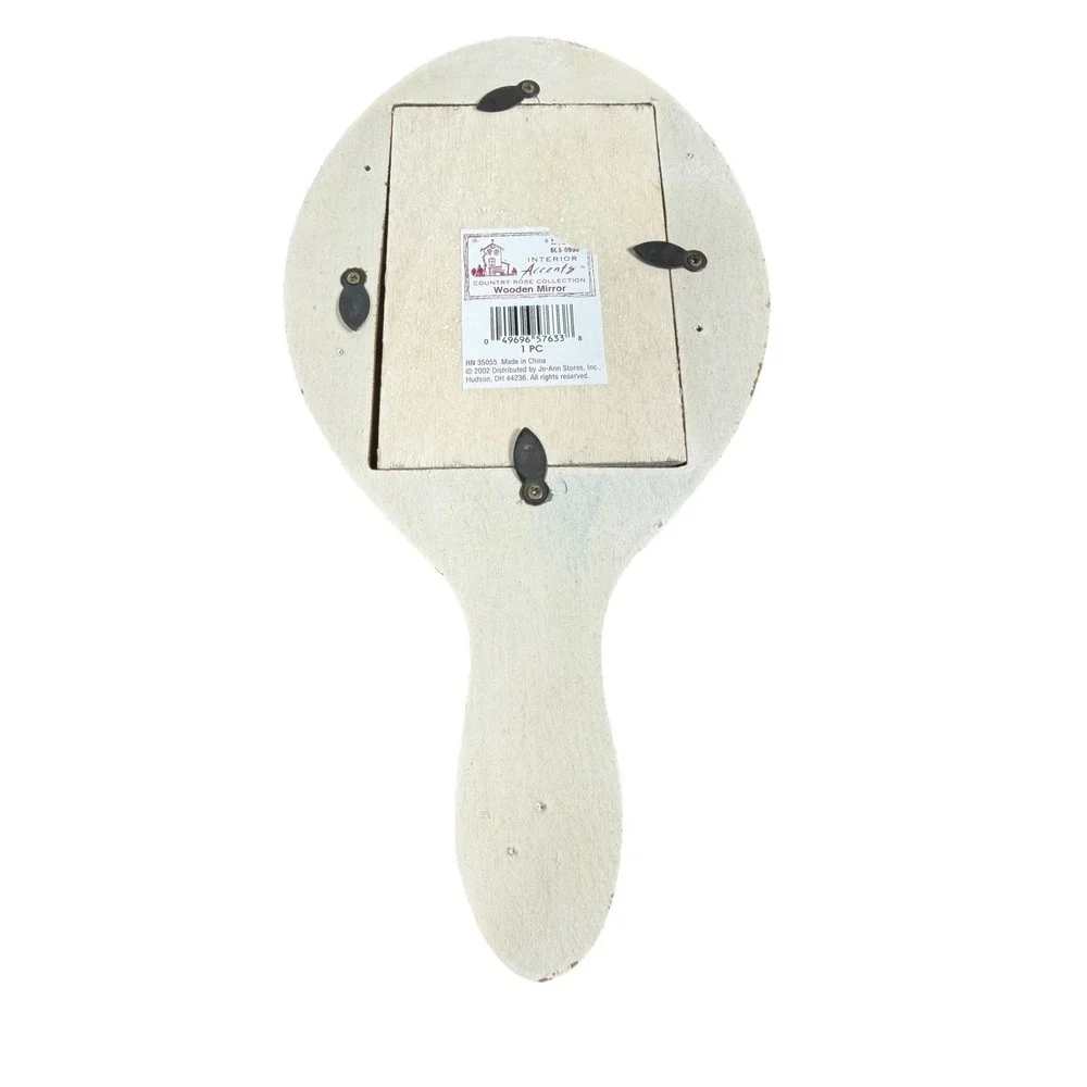Vtg Floral Hand Mirror Wooden Flowers Cottagecore Vanity Shabby Chic 10